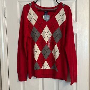 IZOD red men’s sweater with gray and white diamonds and black lines 2XL V-neck